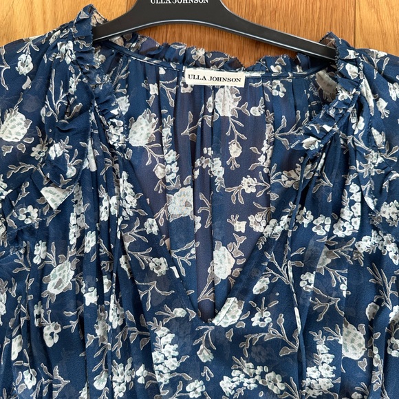 Ulla Johnson - Navy Floral Silk Ruffle Long Sleeve Dress - 4/S - Picture 4 of 9